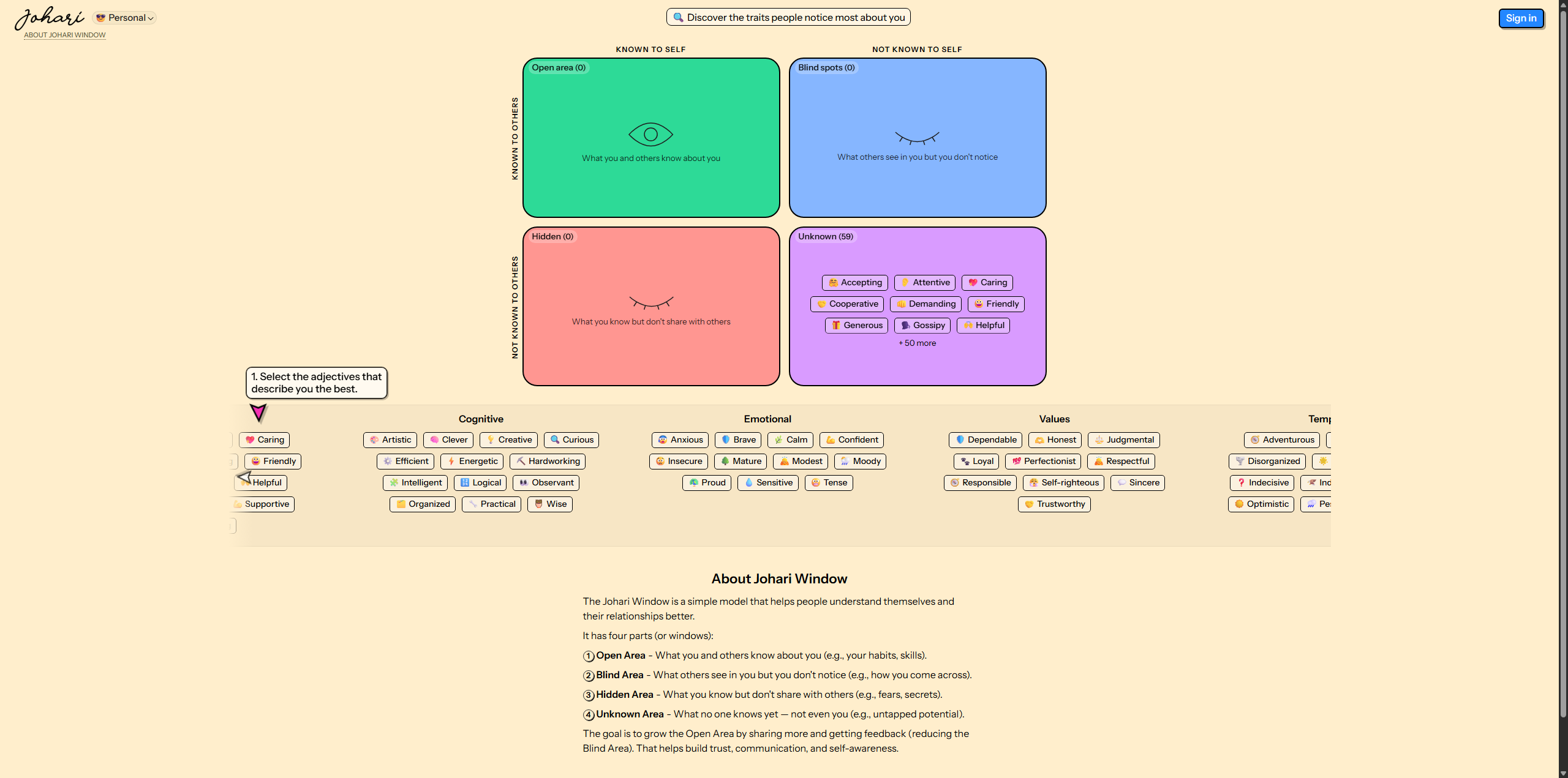 Johari Window screenshot 1